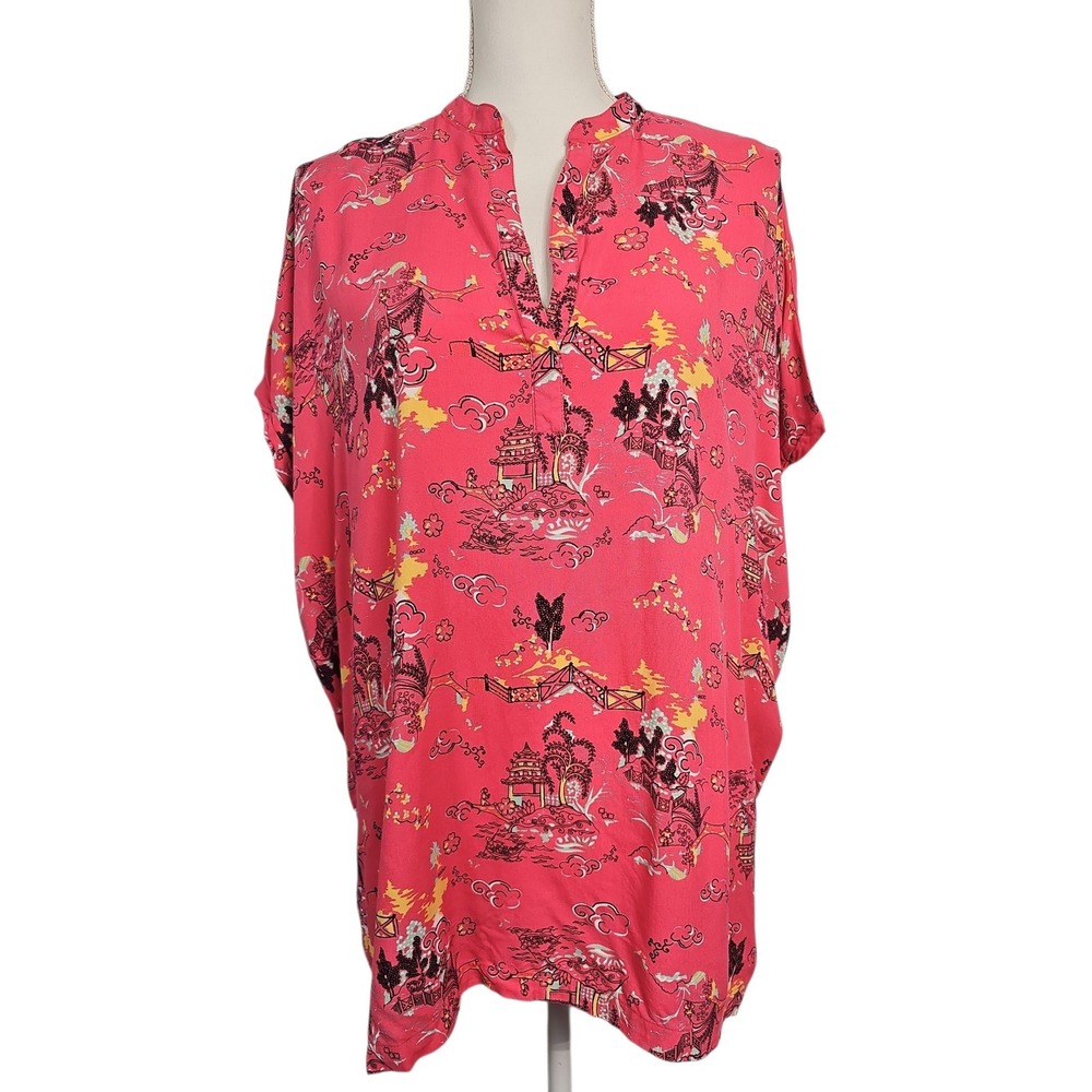 Natori Sleeveless Tunic Top Pink Asian Pagoda Landscape Print Rayon Women Medium